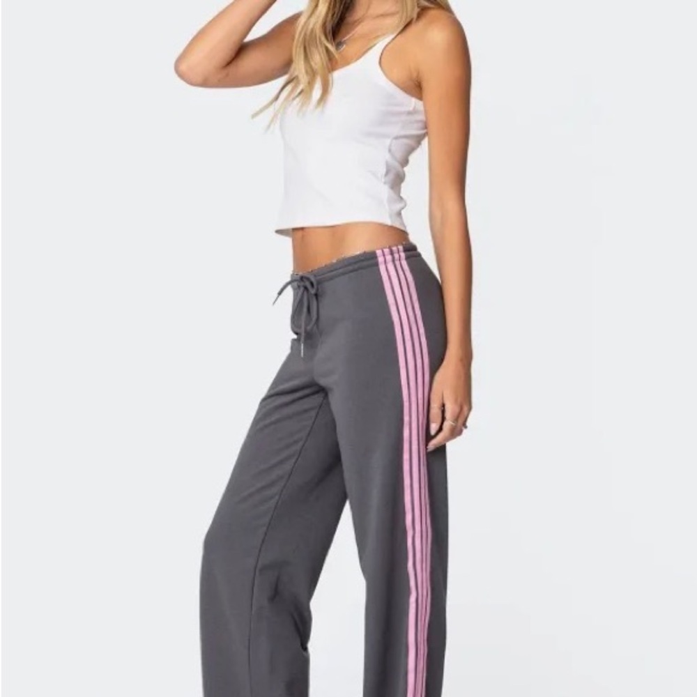 Gray Sweatpants with Pink Stripes